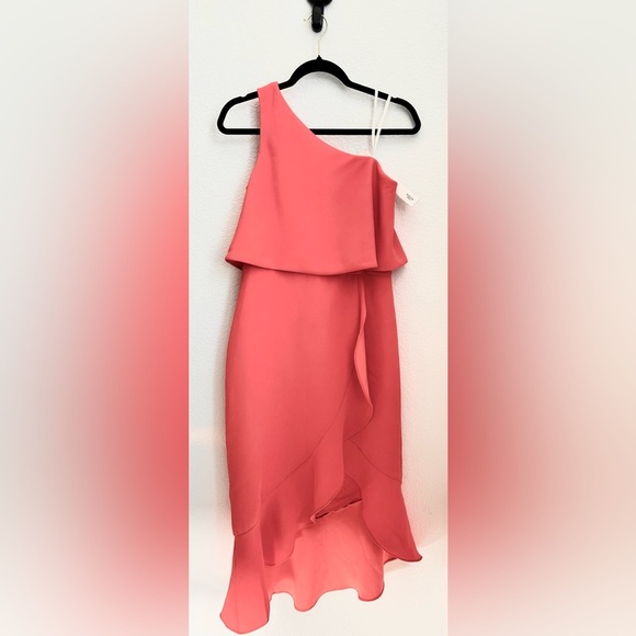 AQUA NWT Womens Coral Crepe Flounce Cocktail One-Shoulder Midi Dress Stretch - Picture 16 of 16